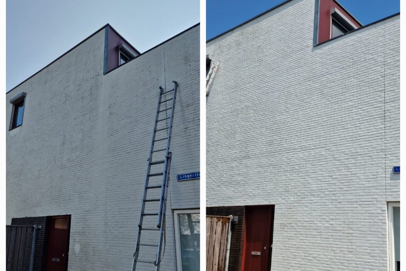Gevelreiniging voor en na aan de Lingestraat in Oost-Souburg, gemeente Vlissingen