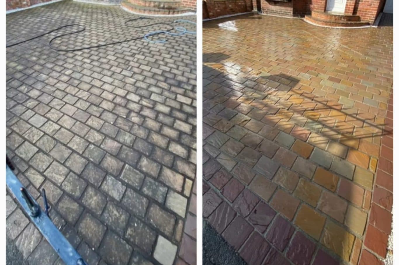 Terrasreiniging voor en na: sierbestrating met algen naast dezelfde bestrating schoon en kleurecht