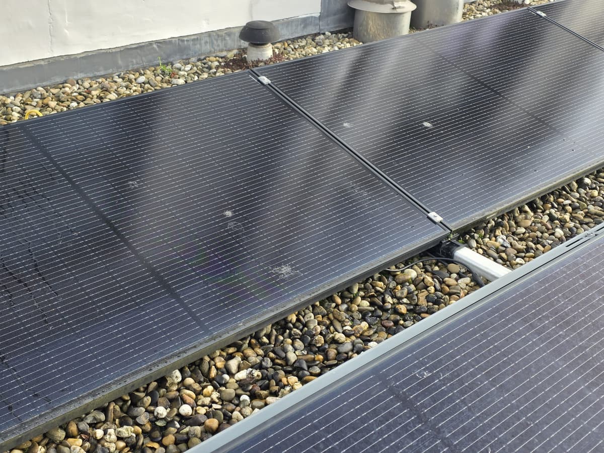 Vuile zonnepanelen met vlekken en vogelpoep op een plat dak in Zeeland - voor reiniging door Mooi Huis